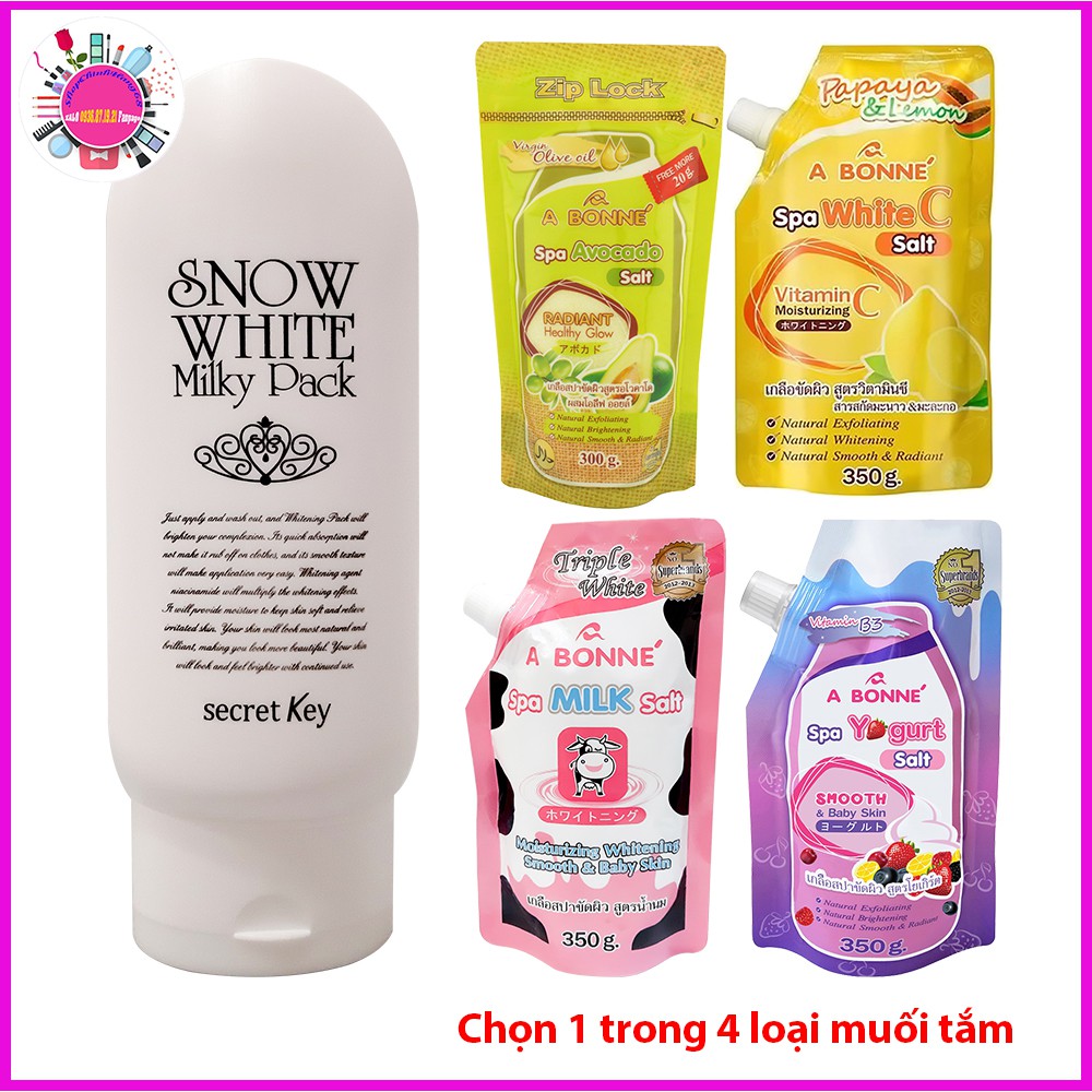 Dưỡng Thể VASELINE + Kem Dưỡng SNOW WHITE SECRET KEY + Muối Tẩy Tế Bào Chết A BONNE (COMBO)