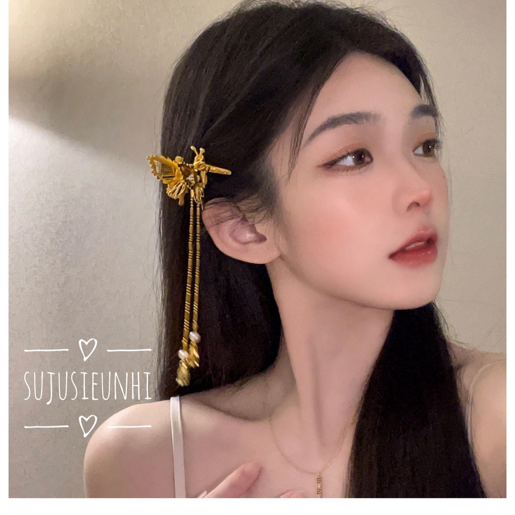 3 mẫu kẹp tóc, trâm cài hình bướm, chuồn chuồn  tua rua thả dài cổ trang