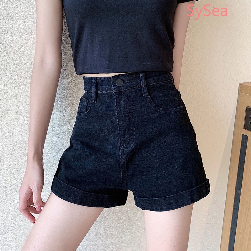 Quần Short Denim Lưng Cao Ống Rộng Phong Cách Retro