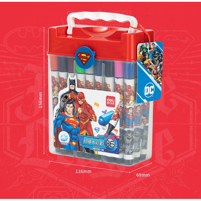 Bút màu nước hộp nhựa quai xách Deli họa tiết siêu nhân - 12 màu/24 màu/36 màu - HE100