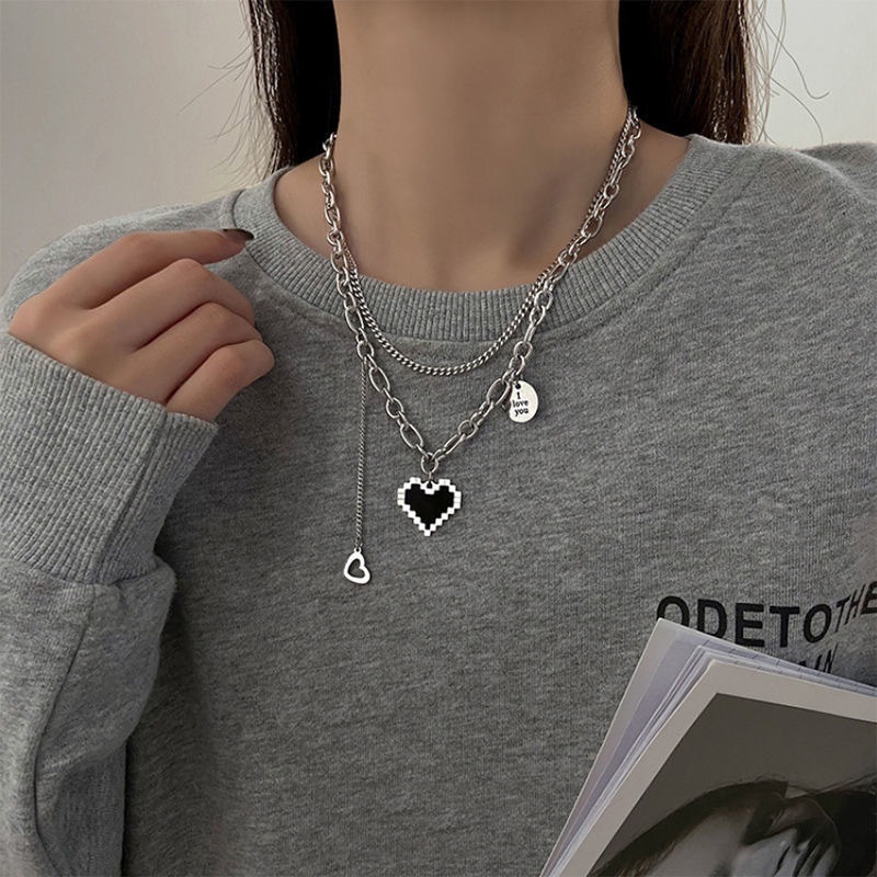 Vòng Cổ Choker Hai Lớp Mặt Hình Trái Tim Bằng Kim Loại Màu Đen Sáng Tạo Thanh Lịch Cá Tính Dành Cho Bạn Gái