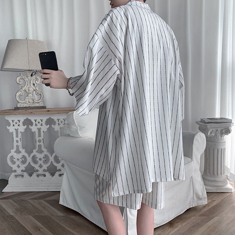 Áo Sơ Mi Tay Lửng Họa Tiết Sọc Thời Trang Phong Cách Hàn Quốc Cho Nam