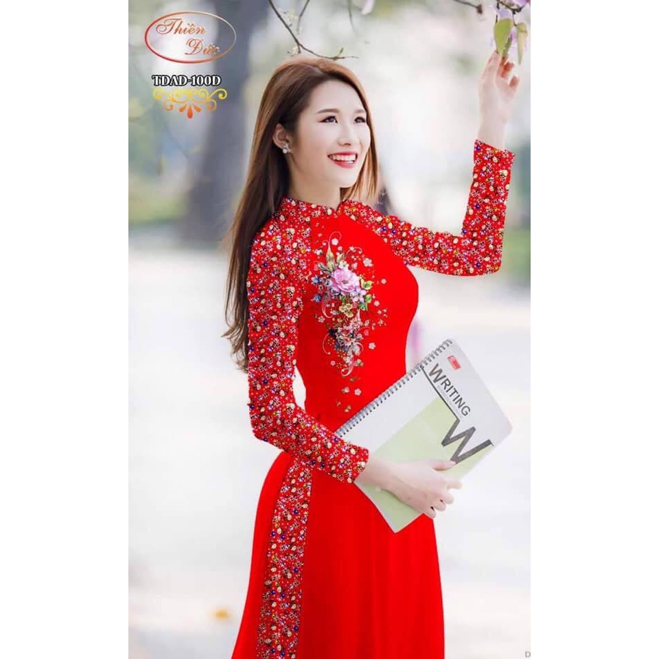 Bộ áo dài truyền thống hoa nhí đỏ họa tiết hoa tay HT05