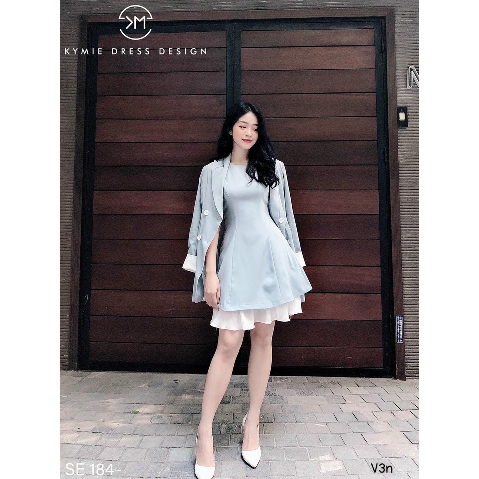 Set Bộ Nữ Áo Khoác Vest Nút Tay Dài + Đầm Xoè Dập Ly