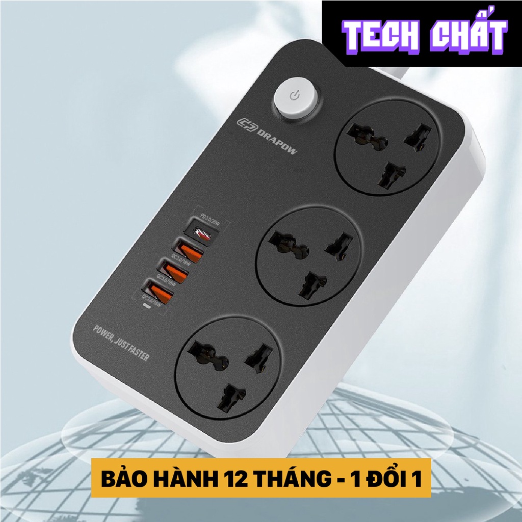 Ổ cắm điện đa năng SIÊU TẢI DRAPOW SK20 3000W dây 2m chống cháy giật - Sạc nhanh USB C 20W PD + 3 cổng QC 3.0 18W