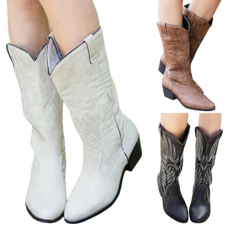 [Sale 3/3]Giày bốt da bò cổ cao ngang bắp chân dạng kéo lên phong cách vintage Phương Tây thời trang cho nữ -x13