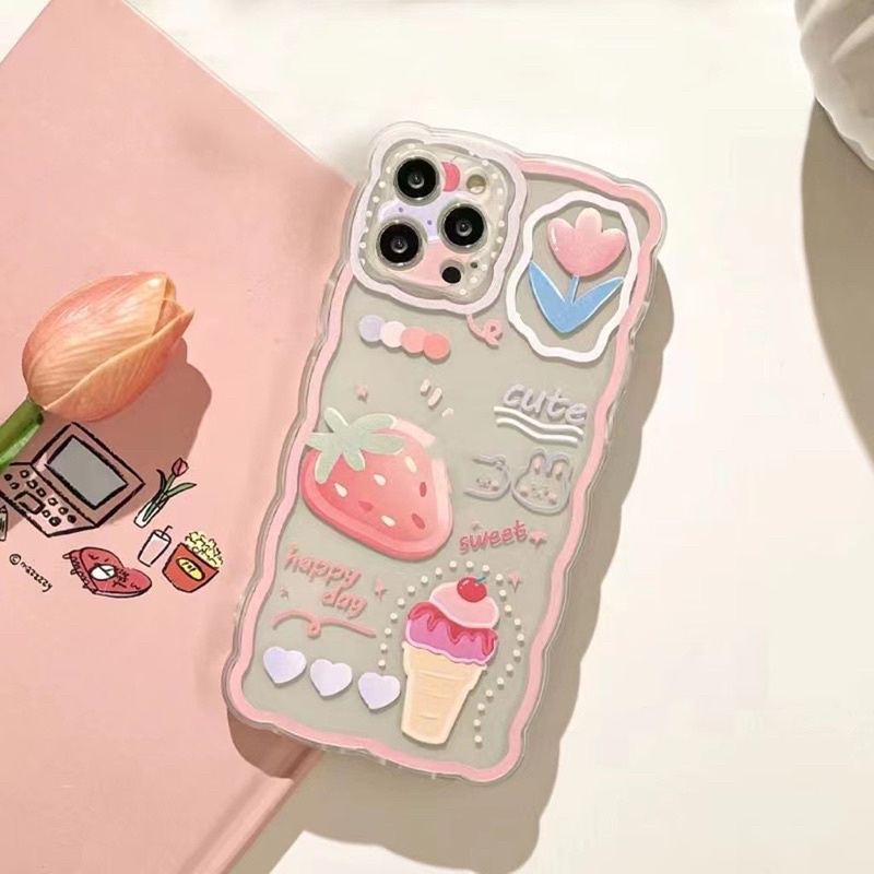 (SIÊU RẺ) Ốp lưng iphone viền sóng quả dâu tây que kem happy day 7plus/8/8plus/x/xr/xs/11/12/13/pro/max/plus/promax