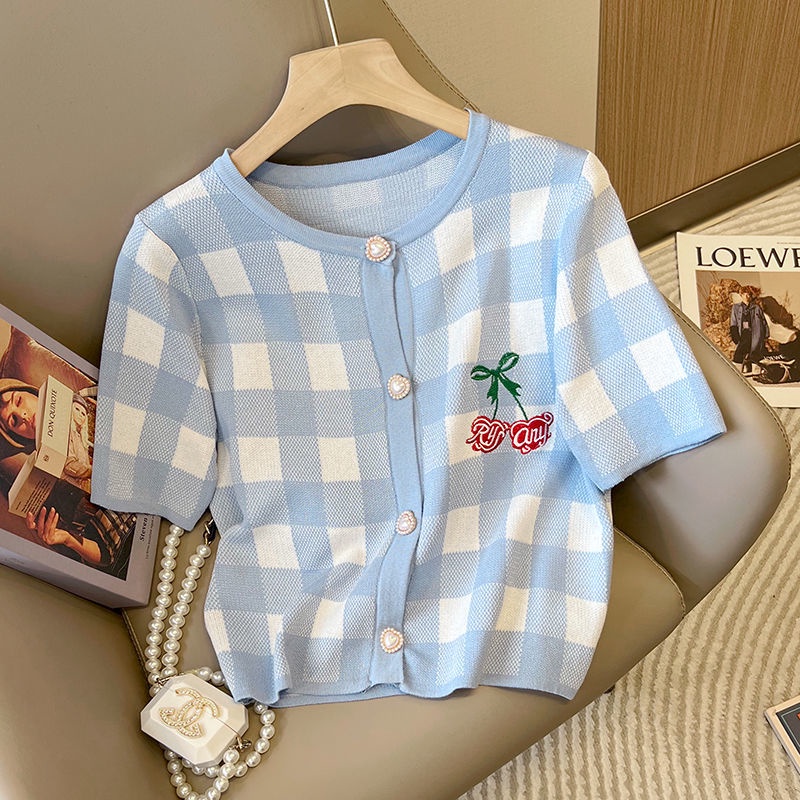 Áo Cardigan Ngắn Tay Thêu Họa Tiết Quả Cherry Thời Trang Mùa Hè Mới Cho Nữ