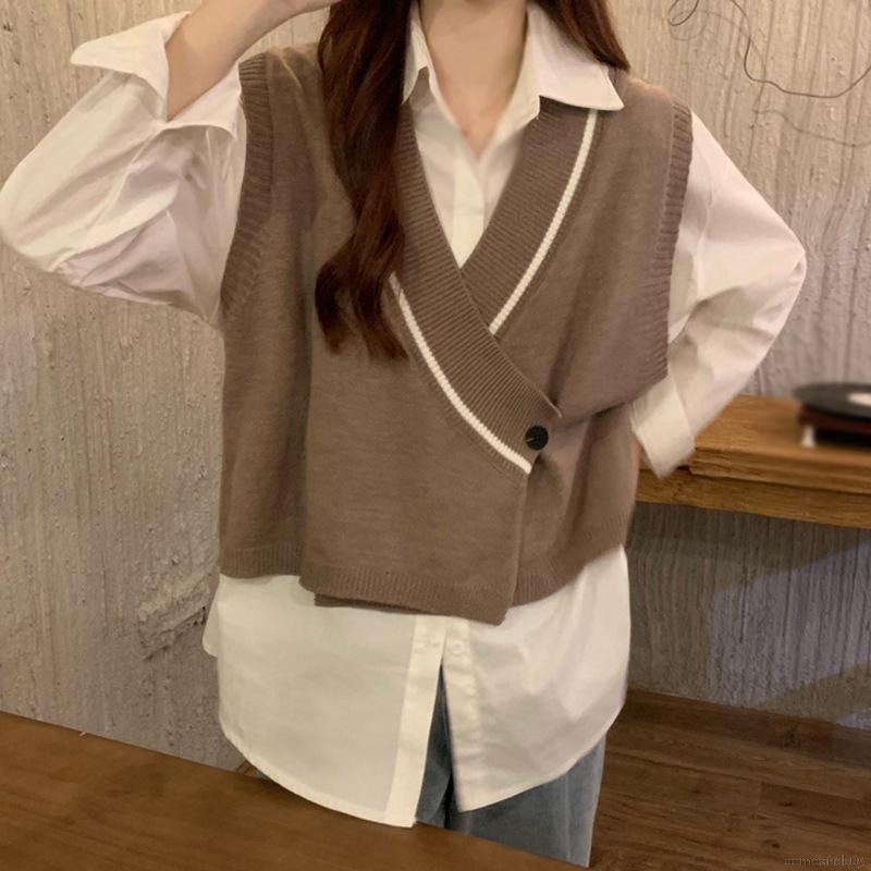 Áo Khoác Len Cardigan Sát Nách Cổ Chữ v Màu Sắc Tương Phản Phong Cách Hàn Quốc Cho Nữ | BigBuy360 - bigbuy360.vn