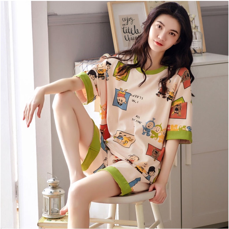 Set Bộ Pijama Ngủ Nữ Hàn Quốc Cộc Tay Họa Tiết 3D Dáng Rộng Nhiều Màu Siêu Xinh