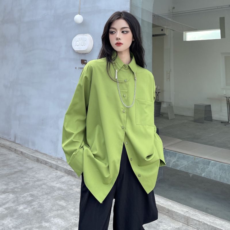 Áo sơ mi form rộng màu xanh bơ sang chảnh