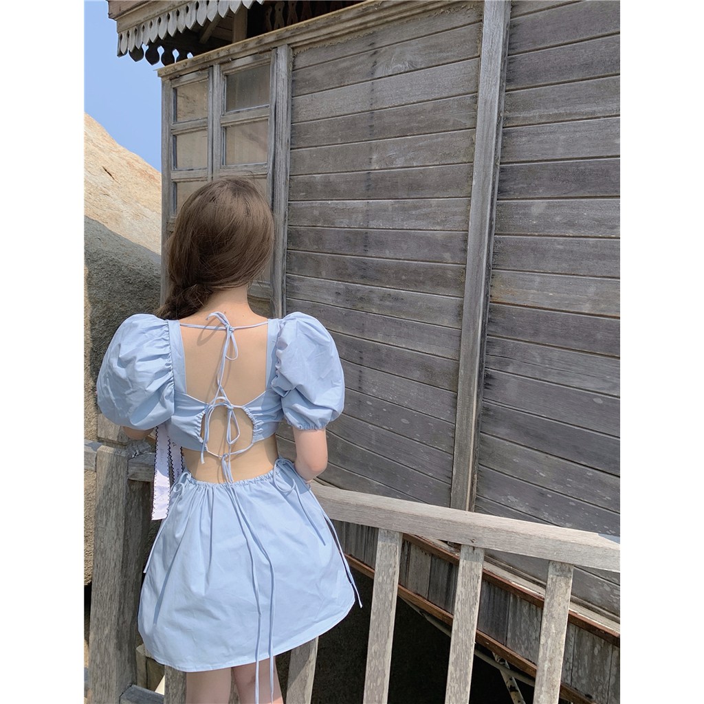 Jane Đầm đi biển baby thắt dây hở lưng Xanh trời Pastel cực yêu C072
