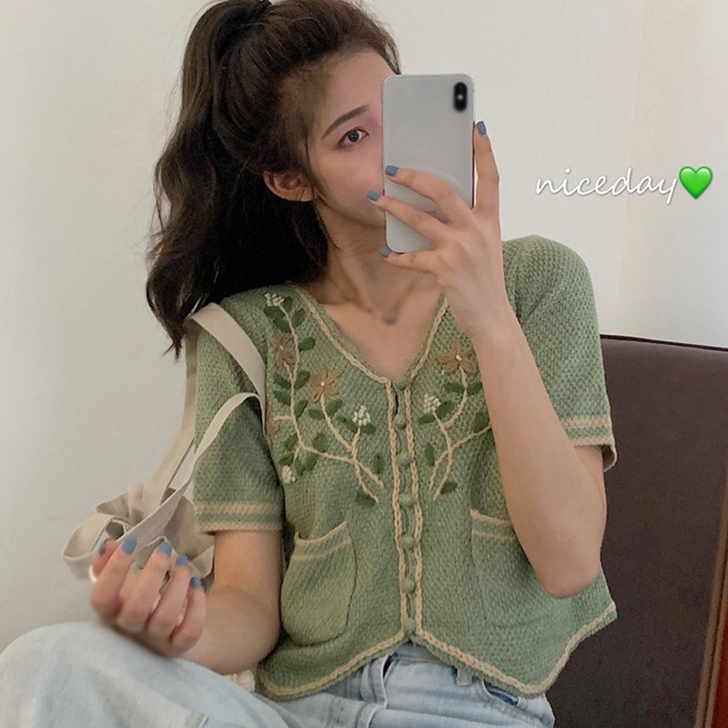 Áo cardigan tay ngắn cổ chữ V kiểu dệt kim họa tiết thêu hoa phong cách retro trẻ trung