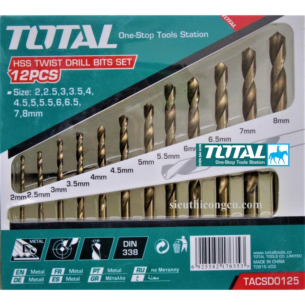 TOTAL BỘ 12 MŨI KHOAN KIM LOẠI 2mm tới 8mm TACSD0125 akdb1125