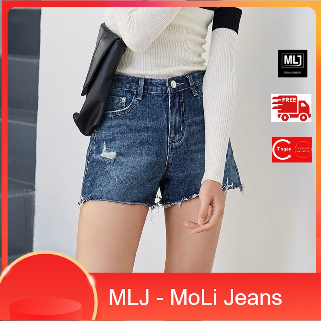 Quần short jean nữ BigSize lưng cao trên rốn, co dãn mạnh, tua lai, màu xanh đậm rách kiểu dành cho người mập 2717 MLJ