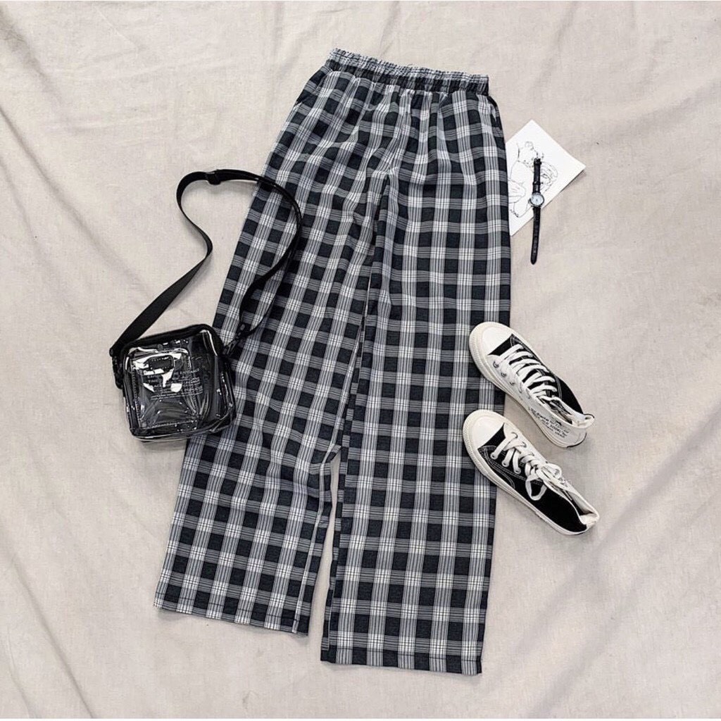 Quần ống rộng nữ lưng cao caro ống suông Ulzzang nhiều màu co giãn dễ phối đồ