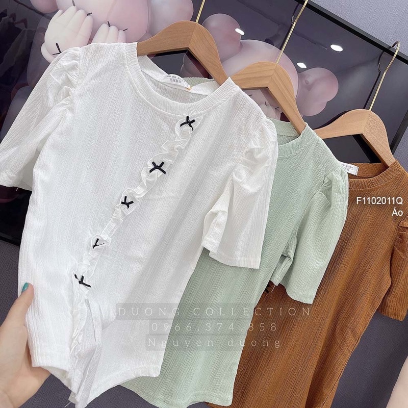 Áo kiểu phối viền bèo đính nơ xẻ lai trước cổ tròn tay ngắn a1102