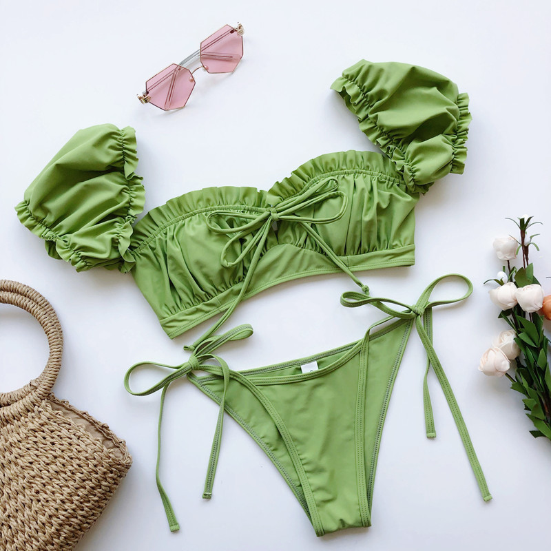 Bikini DUNEA màu trơn tay phồng có dây cột cắt xẻ thời trang phong cách cho nữ