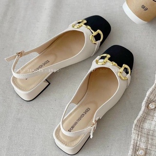 Giày sandal dáng slingback nữ mũi tròn phối khoá xinh xắn đế 3cm 2 màu đen trắng phong cách công sở nữ tính - Mã G55