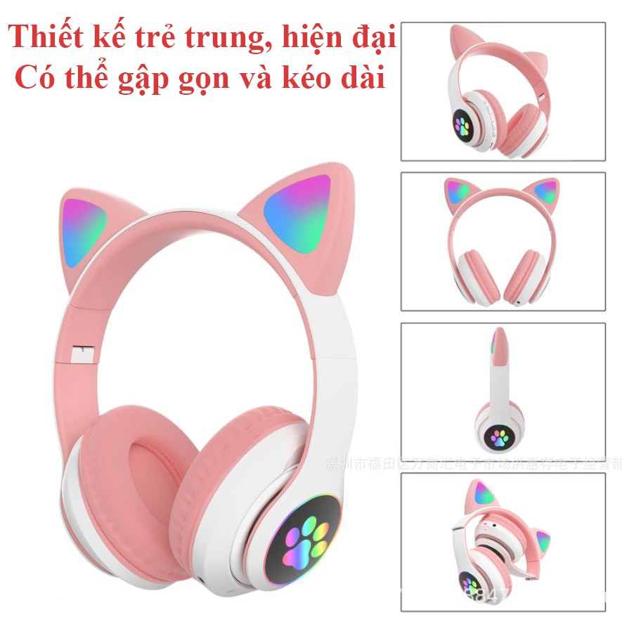 Tai Nghe Mèo Bluetooth Chụp Tai Có Led Cao Cấp, Headphone Tai Mèo Thế Hệ Mới Có Mic Đàm Thoại, Âm Bass Trầm Ấm