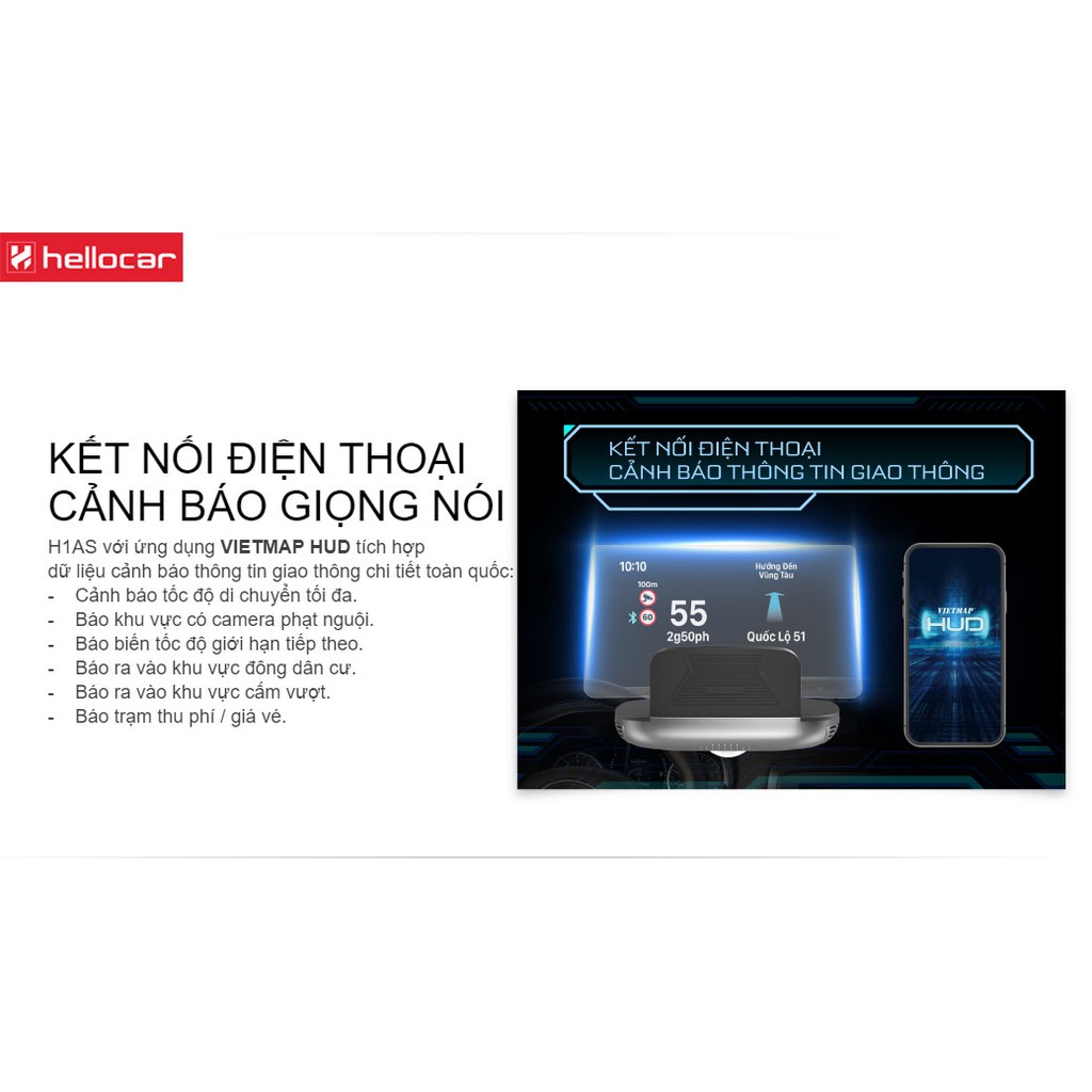 VIETMAP HUD H1AS - Kết Nối Cảm Biến Áp Suất Lốp - Hud Dẫn Đường CẢNH BÁO Camera- Giao Thông- Báo Tốc độ