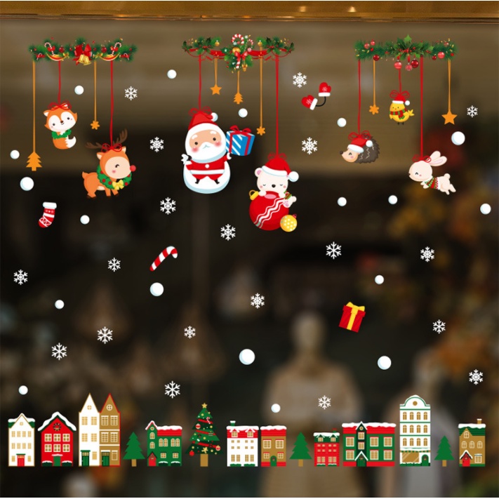 Decal dán tường Noel Hít Tĩnh Điện không Dơ Kính - Thành phố xinh xắn đêm giáng sinh phối rèm
