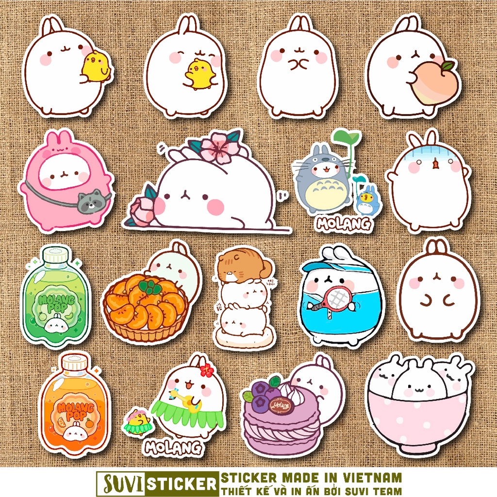 50 Sticker Thỏ Molang chống nước sticker dán mũ bảo hiểm, laptop, điện thoại, đàn guitar, vali. MSP: NS57