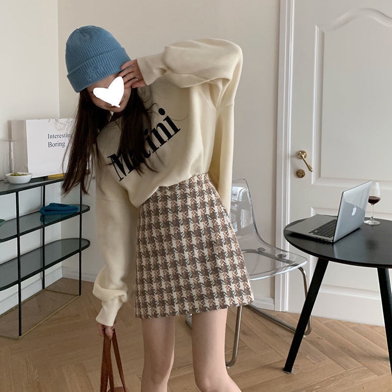 Set áo hoodie dài tay và chân váy tweed họa tiết sọc caro kiểu Hàn trẻ trung (có bán lẻ)