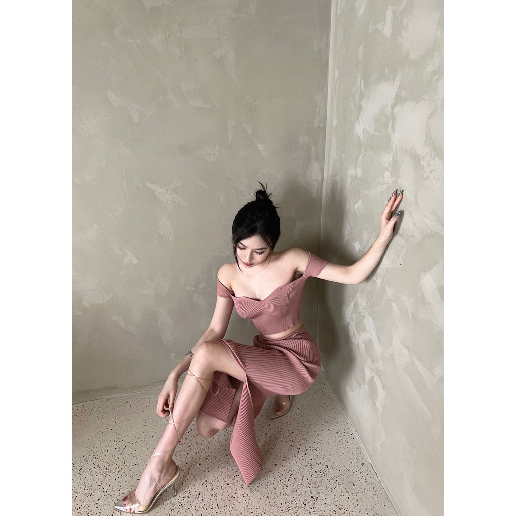 Bộ Áo Dệt Kim Cao Cấp Ôm Eo + Chân Váy Ngắn Màu Hồng Thuần Khiết Thời Trang Mùa Hè Cao Cấp Dành Cho Bạn Nữ