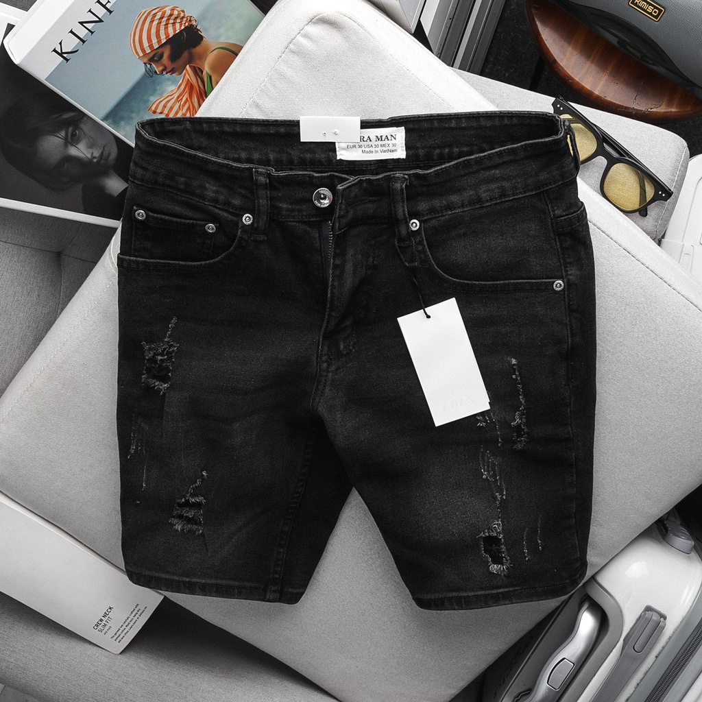 Quần short jean nam VNXK màu đen wash ống suông cơ bản jean co giãn