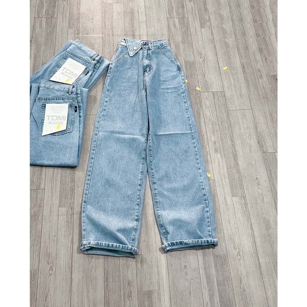 Quần jean nữ ống rộng túi nắp phía trước màu xanh, quần bò nữ lưng cao dáng suông basic OHS3908