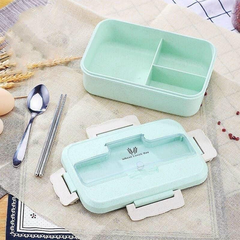 Hộp cơm lúa mạch 3 ngăn kèm đũa thìa inox