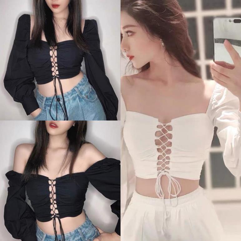 C3  Áo Croptop Đan Dây Tay Dài Daisy
