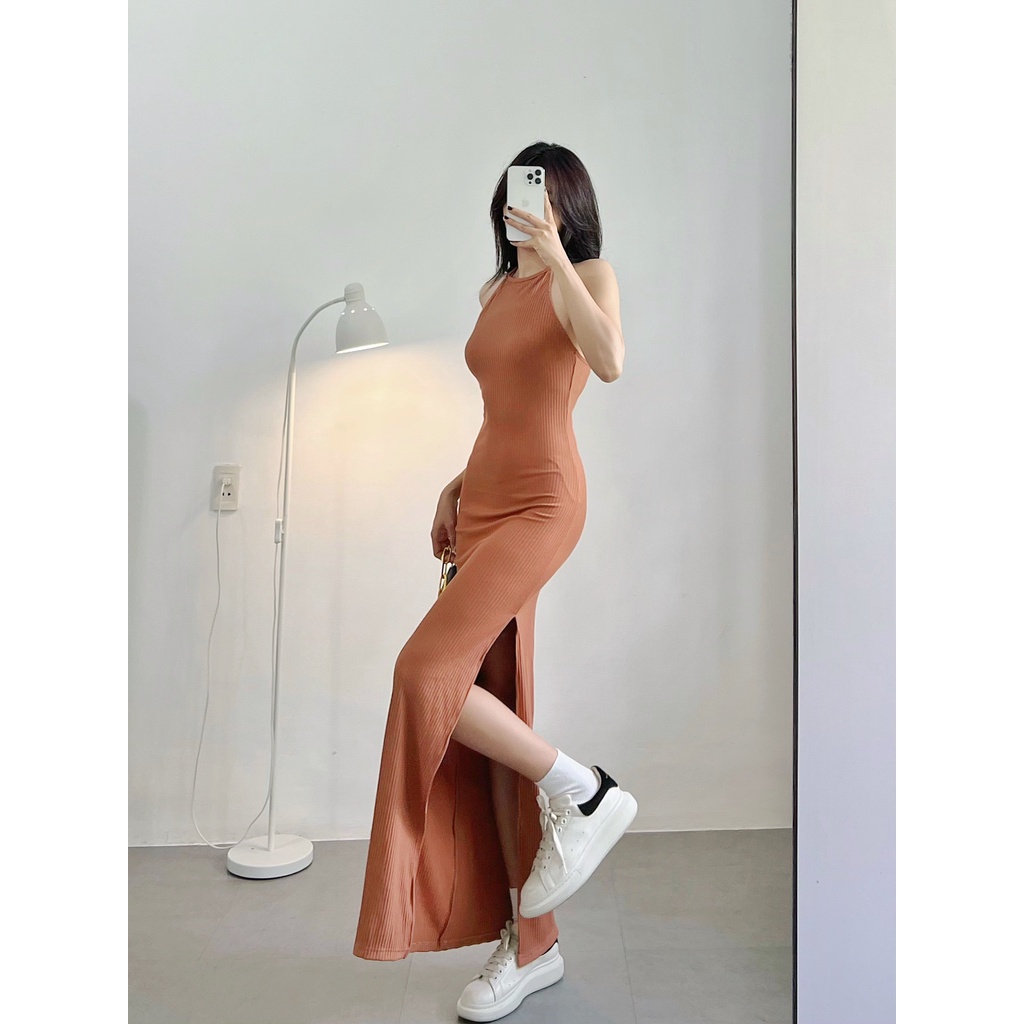 Đầm body nữ HHVINTAGE kiểu yếm cột xẻ hông thun co giãn Dress A95