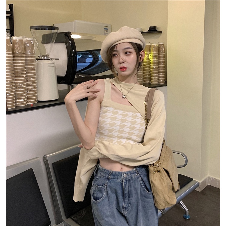 Áo dệt kim nữ hai dây họa tiết caro đơn giản thời trang | BigBuy360 - bigbuy360.vn