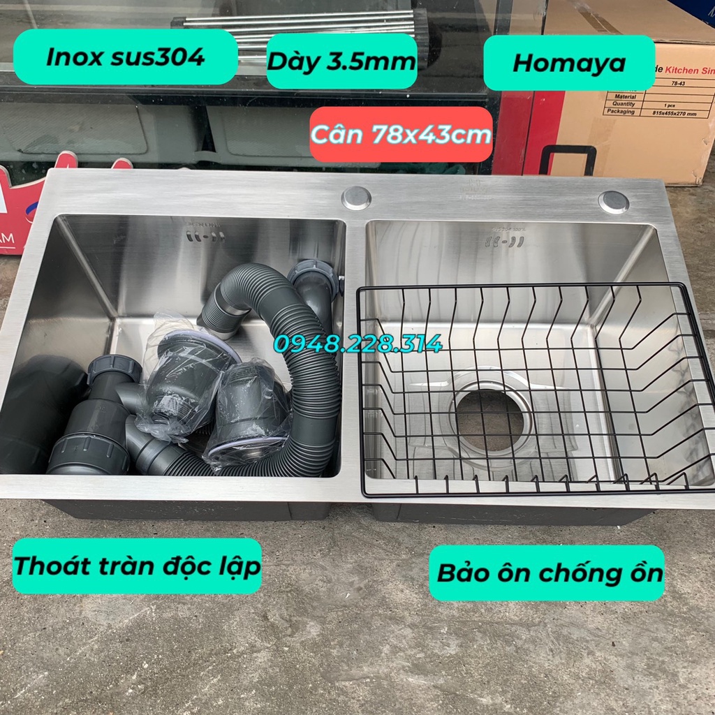 Combo chậu đúc inox KT 78x43, 82x45 và vòi rửa bát nóng lạnh vuông inoxsus304