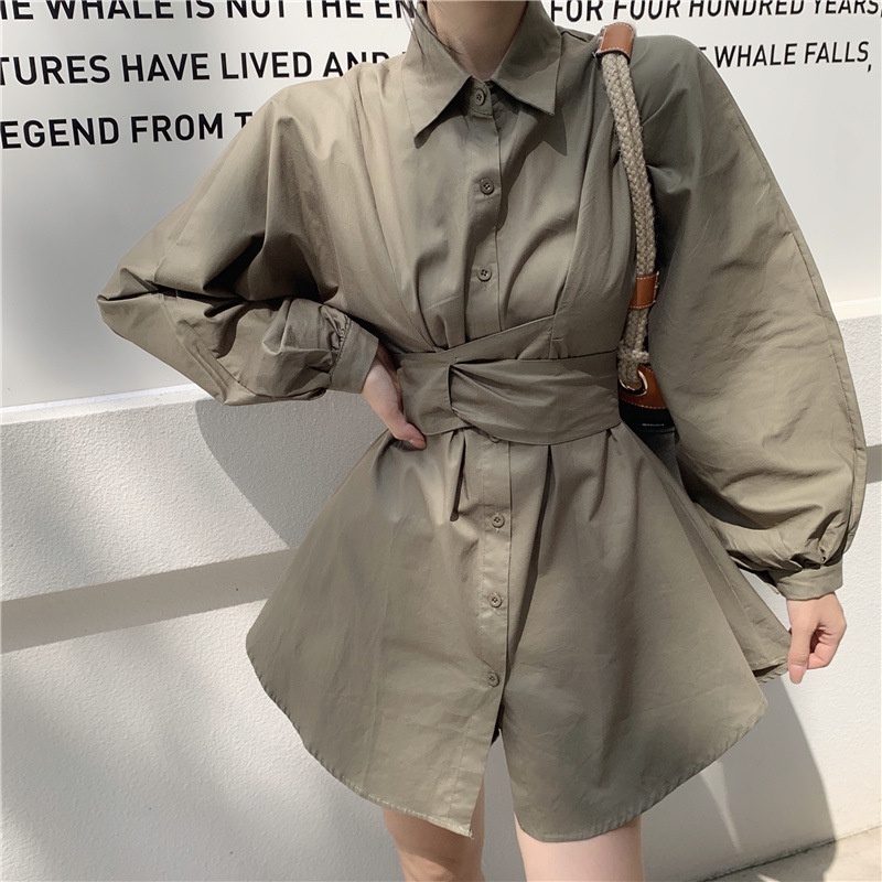 ĐẦM SƠ MI / ĐẦM BẦU /  ÁO SƠ MI FORM RỘNG DÁNG DÀI NỮ MÀU RÊU GIẤU QUẦN QUẤN EO THẮT NƠ COTI OFFICIAL