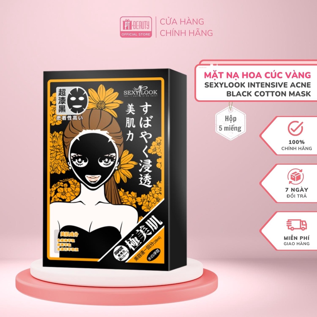 Mặt nạ hoa cúc SEXYLOOK Intensive Acne Black Cotton Mask da sáng sạch mụn hộp 5 miếng x 28ml