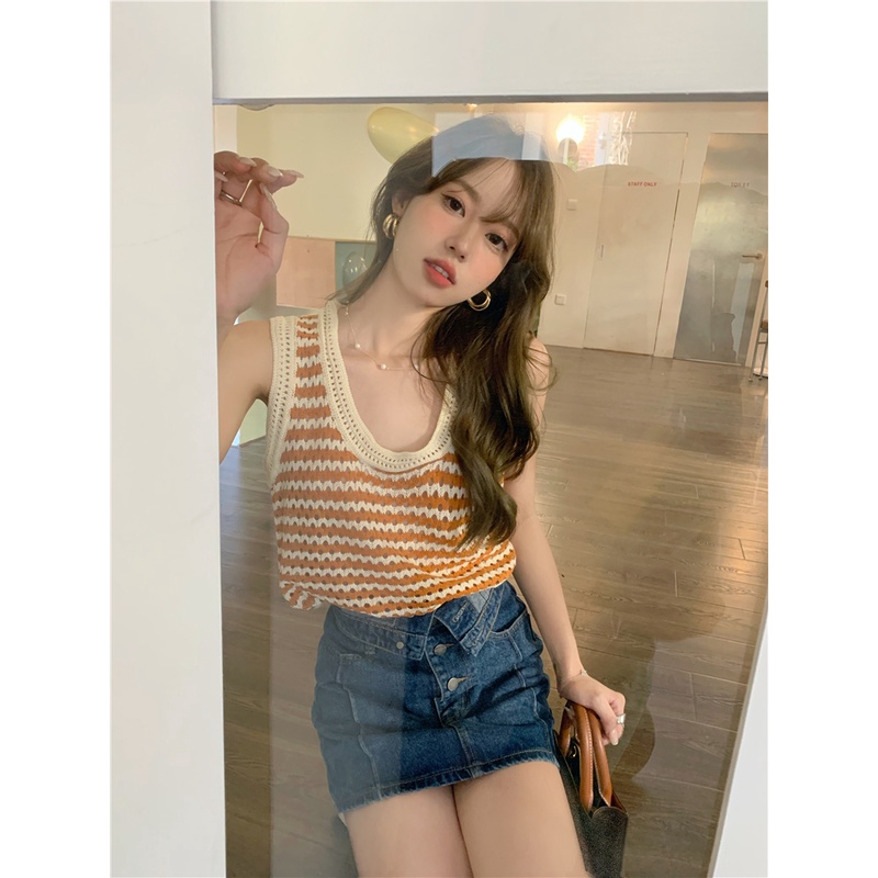 Porozi  Áo croptop sát nách  dệt kim kẻ sọc thời trang cho nữ 4 màu tự chọn