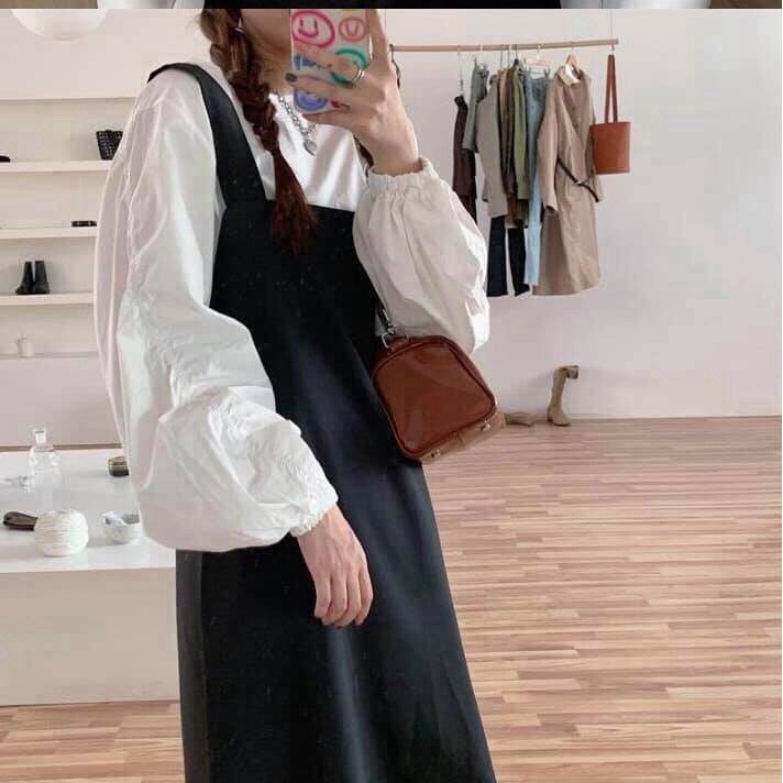 Set yếm váy kaki dáng thụng ullzang - Yếm dài Hàn Quốc mix áo phông dài tay trắng | BigBuy360 - bigbuy360.vn