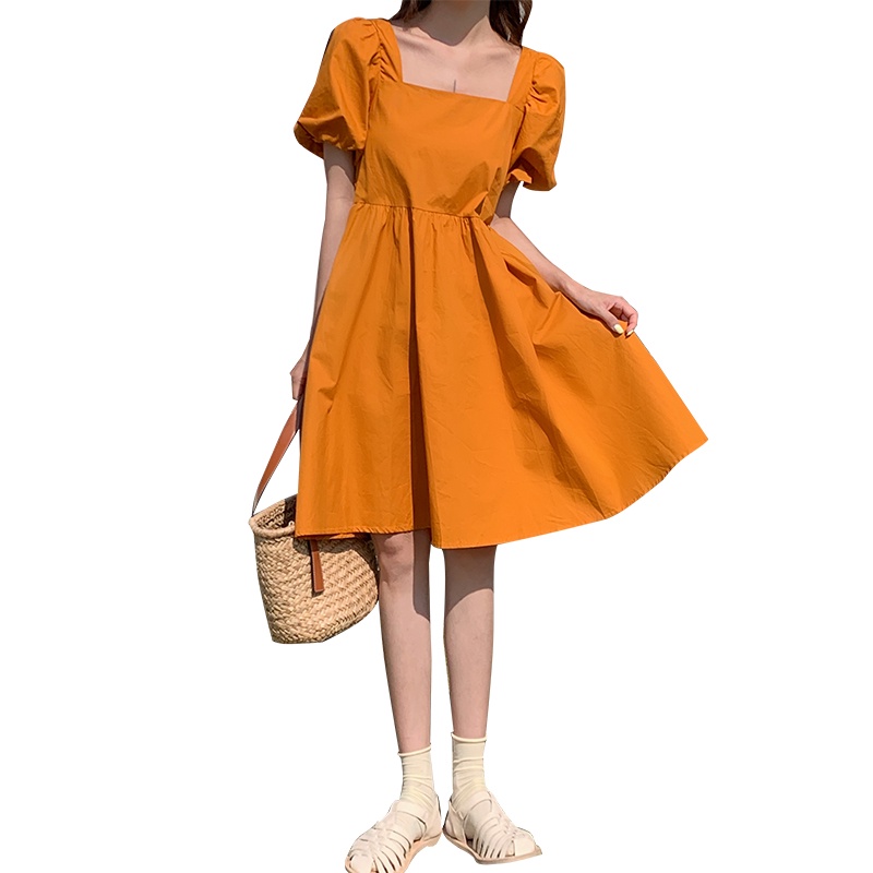 Đầm chữ A SUXI tay ngắn phồng cổ vuông màu trơn đơn giản phong cách Hàn Quốc thời trang mùa hè cho nữ
