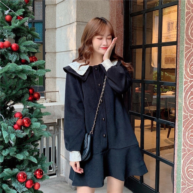 IELGY Đầm Dài Tay Dáng Chữ a Màu Đen Thời Trang Cho Nữ