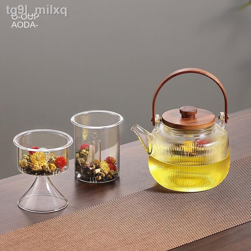 ◈❏Ấm thủy tinh pha trà bếp điện từ kép kiểu Nhật, máy trà, đun nước, nâng hạ, đơn trong suốt, bộ
