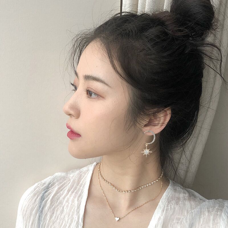 Bông Tai Mạ Bạc 925 Dáng Dài Hình Trăng Sao Đính Đá Thời Trang Hàn Quốc Cho Nữ