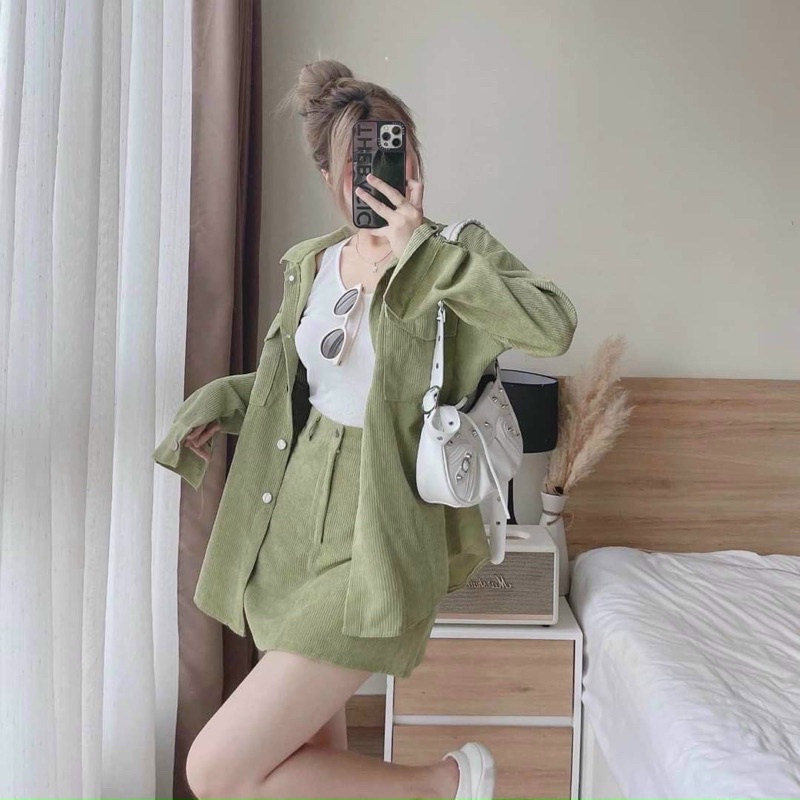 Sét váy thời trang nữ mặc đi chơi chất tăm nhung y mẫu sơ mi tay dài không kèm áo lót mix chân váy chữ A