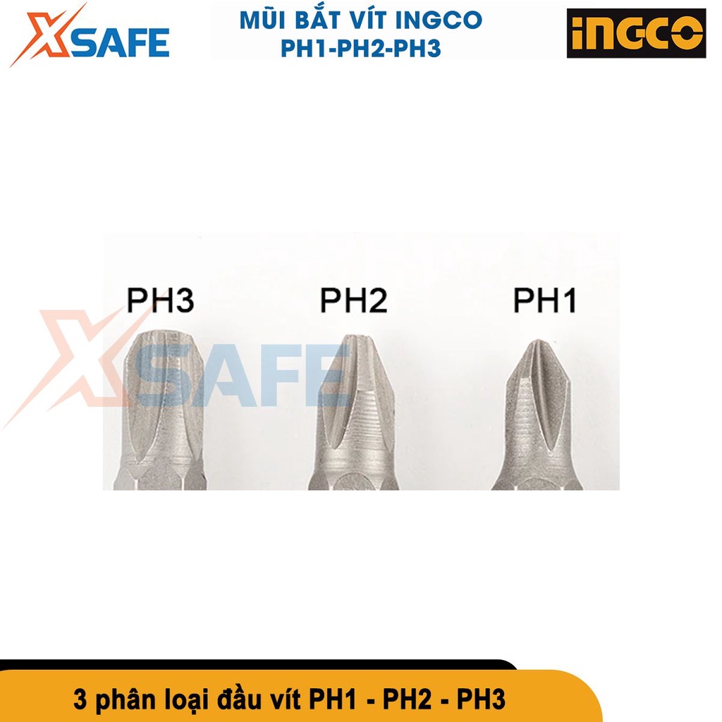 Mũi bắt vít INGCO đầu vít PH1-PH2-PH3 dài 25mm, chất liệu thép công nghiệp S2 mạ niken, không gỉ [CHÍNH HÃNG][XSAFE]