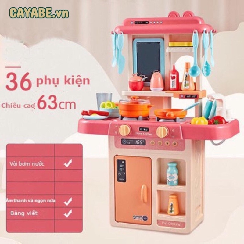 Bộ đồ chơi nhà bếp cỡ lớn có nhạc cao 63 cm cho bé học nấu nướng CAYABE màu hồng - xanh