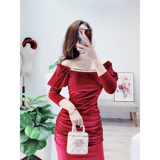 Váy nhung body tay bồng, nhúm eo