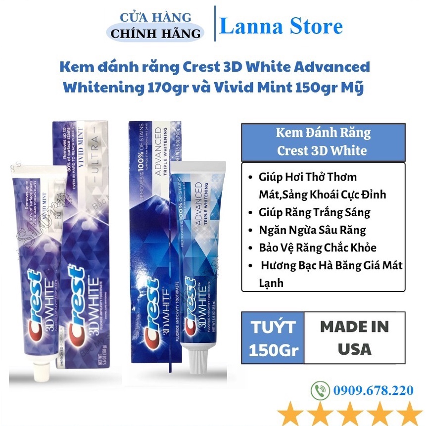 Kem đánh răng Crest 3D White Advanced Whitening 147gr và Vivid Mint 150gr Mỹ - Trắng răng / Chống ê buốt, sạch mảng bám