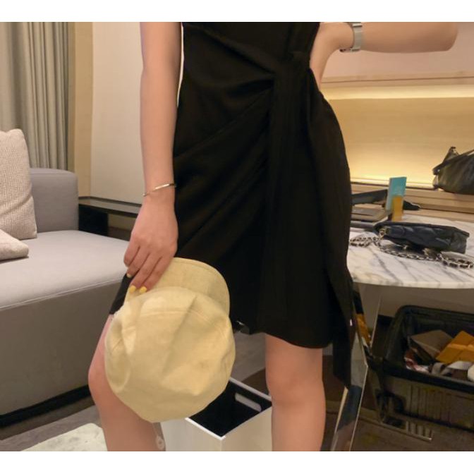 Váy liền cotton buộc nơ eo phong cách Hàn Quốc